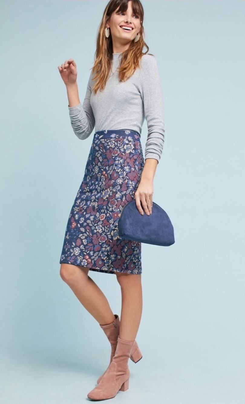 Anthropologie Maeve Gertje Blue Floral Jacquard Knit Pencil Skirt NWOT SZ M
